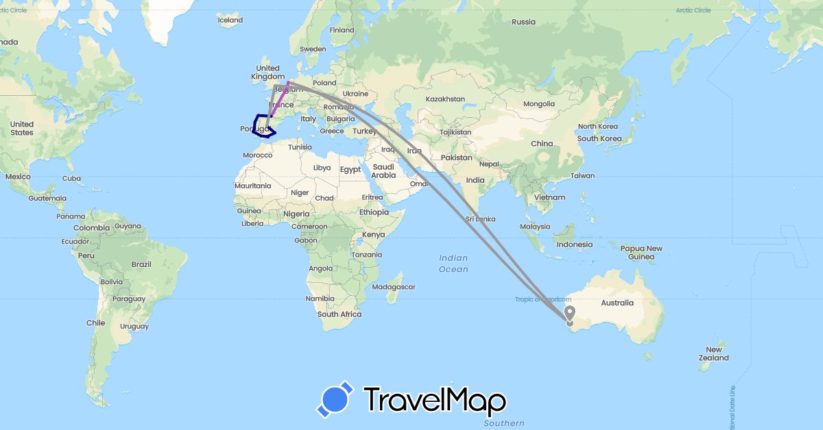 TravelMap itinerary: driving, plane, train in United Arab Emirates, Australia, Belgium, Spain, France, United Kingdom, Netherlands, Portugal (Asia, Europe, Oceania)